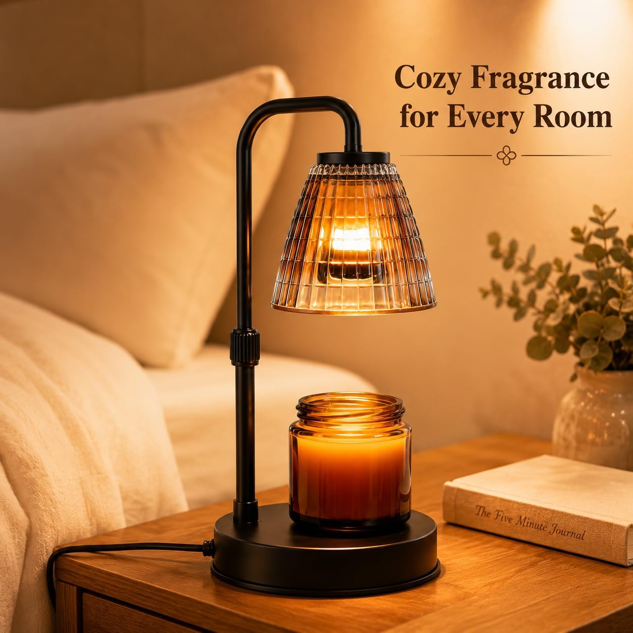 Candle Warmer Lamp with Timer, Dimmer, Vintage Glass Shade | Adjustable height, 2/4/8-hour timer, wood base, 2 bulbs included
