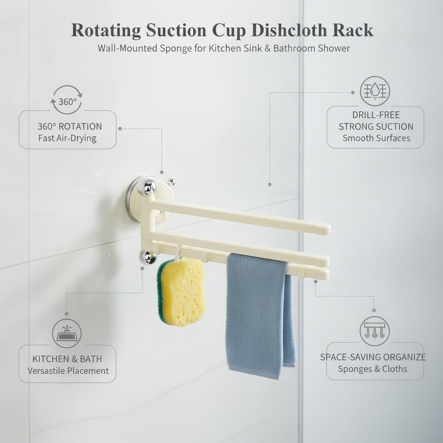 Rotating Suction Cup Dishcloth Rack, Wall-Mounted Sponge Holder for Kitchen Sink & Shower, Drill-Free PET Plastic Organizer (Yellow)