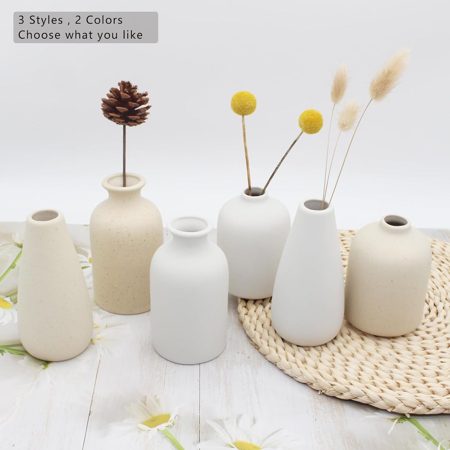 YANLING 6 Pack White Vase Small Ceramic Vases for Decor, Bud Vases | for Centerpieces White Vases for Flowers Boho Home Decor, Pampas Grass Dried Flowers Vases