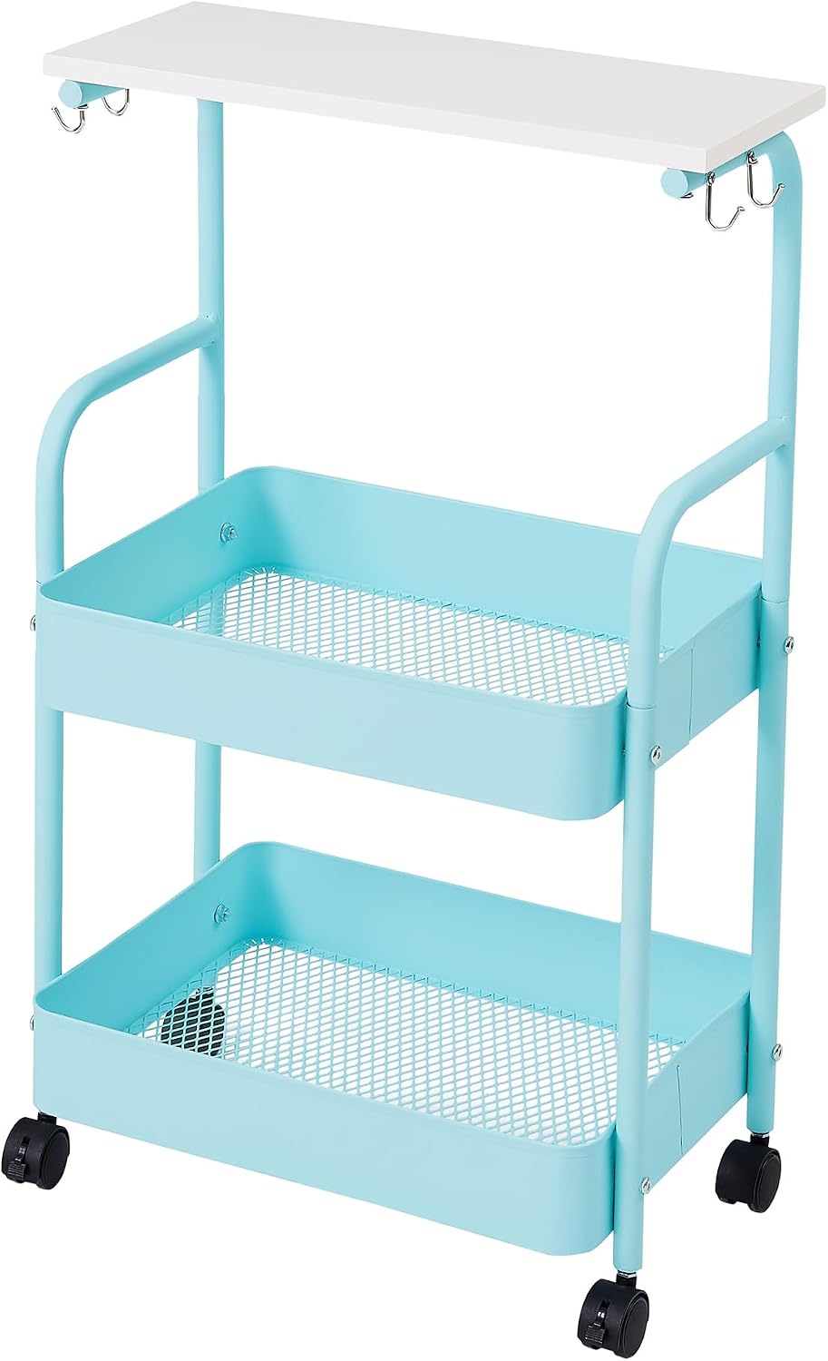 VECELO Storage Rolling Cart, 4 Tier Utility Cart Kitchen Slim Mobile Storage Unit Organizers with Wheels Hooks&Hanging Cups for Bedroom Bathroom Office Table Side in Narrow Places, White