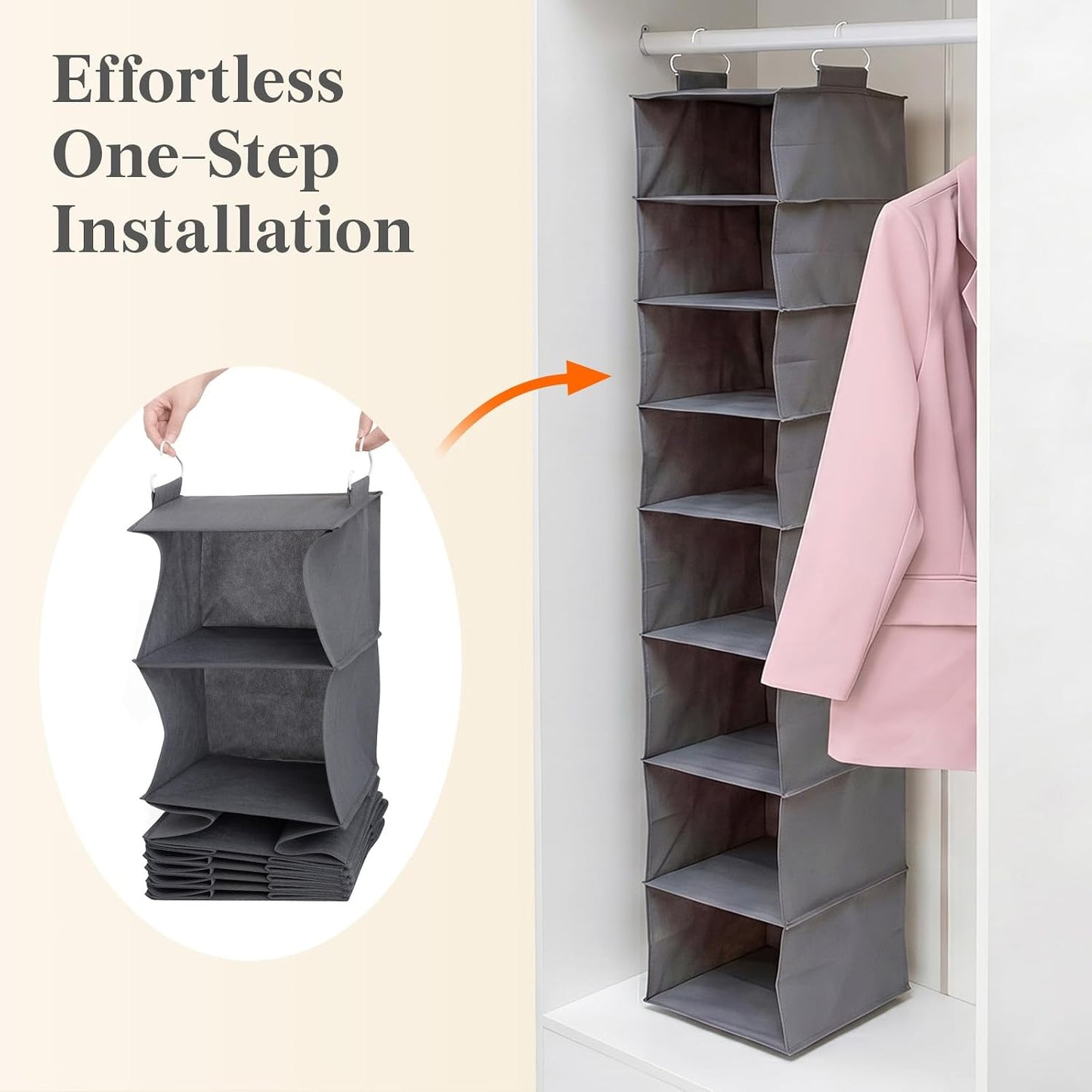Lifewit 5 Tier Hanging Closet Organizer and Storage for Shelves, Foldable Clothes Shelf with 2 Sturdy Hooks, Sweater/Coat/Shoes Clothing Organization for Wardrobe, Dorm, Bedroom, Gray