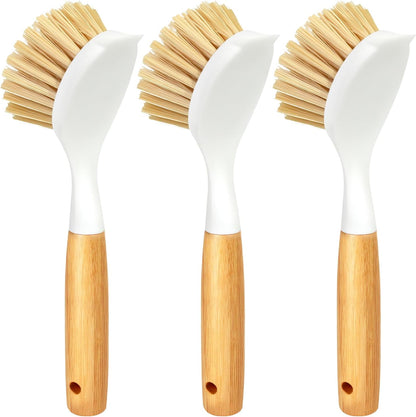 Holikme 3 Pack Dish Brush Set with Bamboo Handle, Kitchen Brushes for Cleaning Pot, Sink and Stove, Skillet Scrubber with Tough Bristles for Cast Iron Grill Pan, White Yellow Black