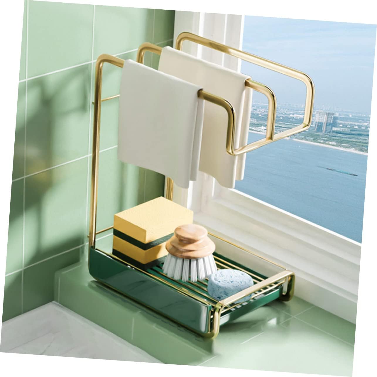 VICASKY Punch Wall Mounted Kitchen Drain Stand with Gold Iron Construction Multifunctional Storage Rack for Sponge and Cloth Space Saving Accessory for Organized Cleaning Tools