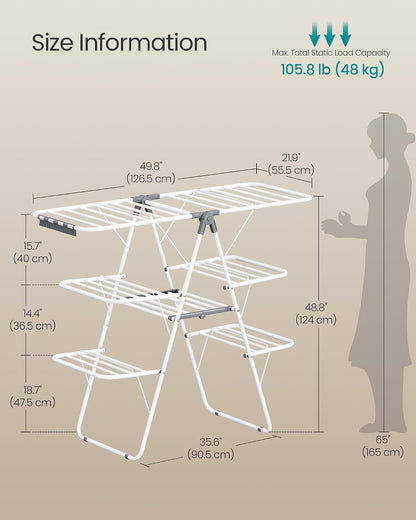 SONGMICS Clothes Drying Rack, Foldable Laundry Drying Rack, Blue | Sock Clips, Metal Clothes Airer with Height-Adjustable Gullwings, Space-Saving, Indoor Outdoor, ULLR505EQ01