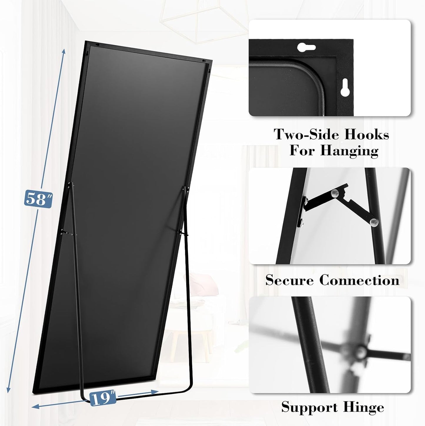 DUMOS 64"x21" Full Length Mirror, Full Body Mirror, Black | Aluminum Alloy Thin Frame, Leaning or Hanging, Suitable for Bedroom, Livingroom, Cloakroom