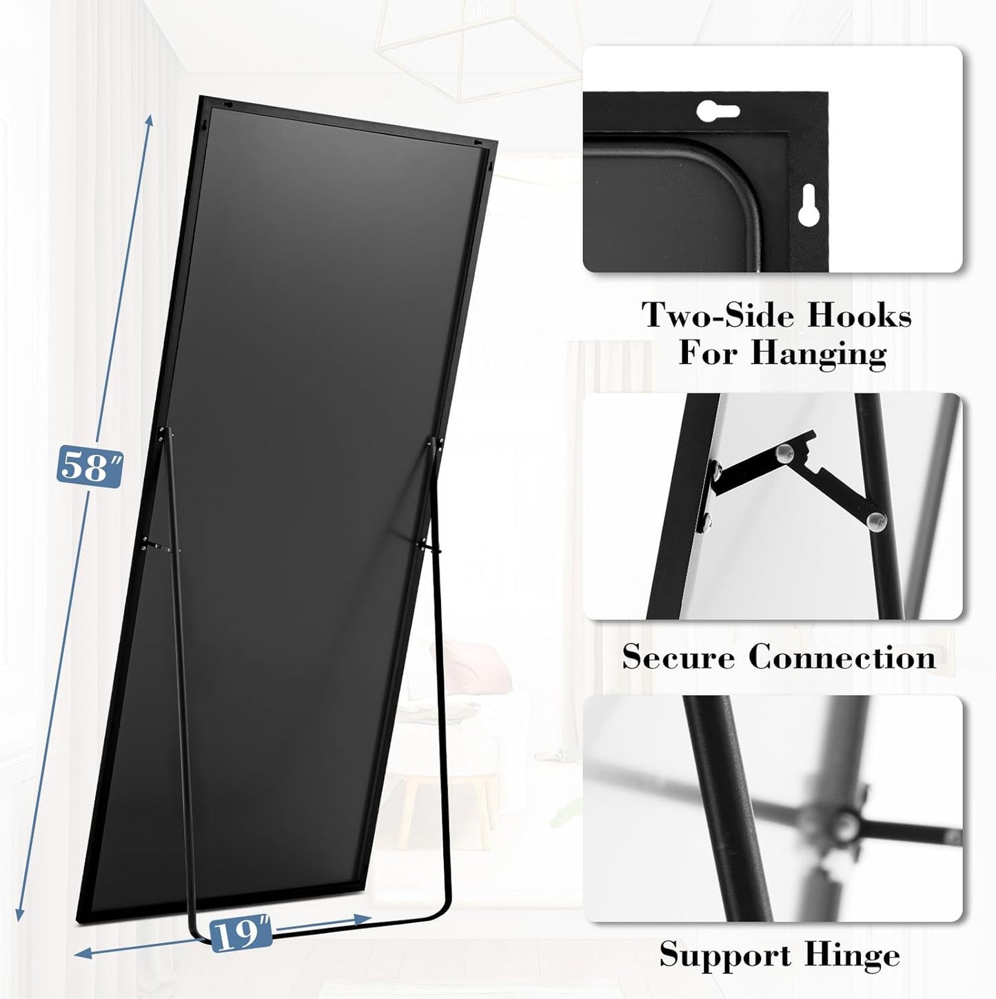 59"x16" Arched Full Length Mirror, Full Body Mirror with Leaning or Standing, Floor Standing Aluminum Frame for Bedroom, Livingroom, Cloakroom, Black