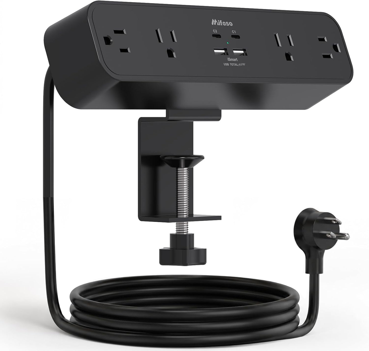 Mifaso PD30W Desk Clamp Power Strip, Surge Protector, Fast Charging Station | 4 Outlets, 4 USB (2 USB C), 5FT Extension Cord, Desk Organizer Gaming Accessories Office Essentials, Fits 1.96" Tabletop Edge