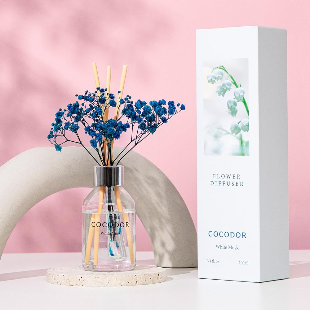 COCODOR Flower Reed Diffuser Set / 6.7oz / White Jasmine/Scent Diffuser with Sticks Home Fragrance Reed Diffuser for Bathroom Shelf Decor