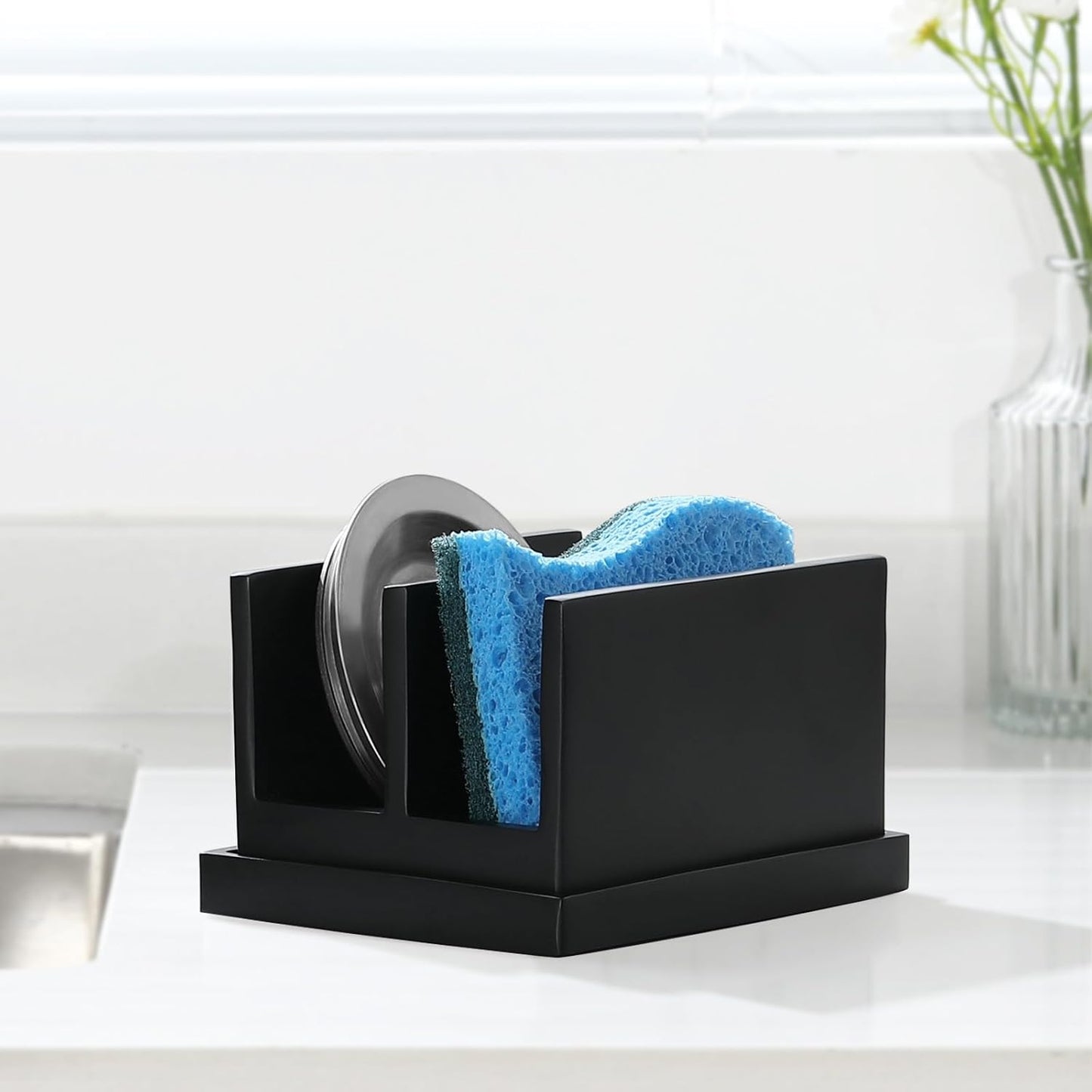 Luxspire Kitchen Sponge Holder, Dish Sponge Holder with with Drain Tray, Marble Sponge Holder for Kitchen Sink, Kitchen Sink Caddy 2 Compartments, Gravel White