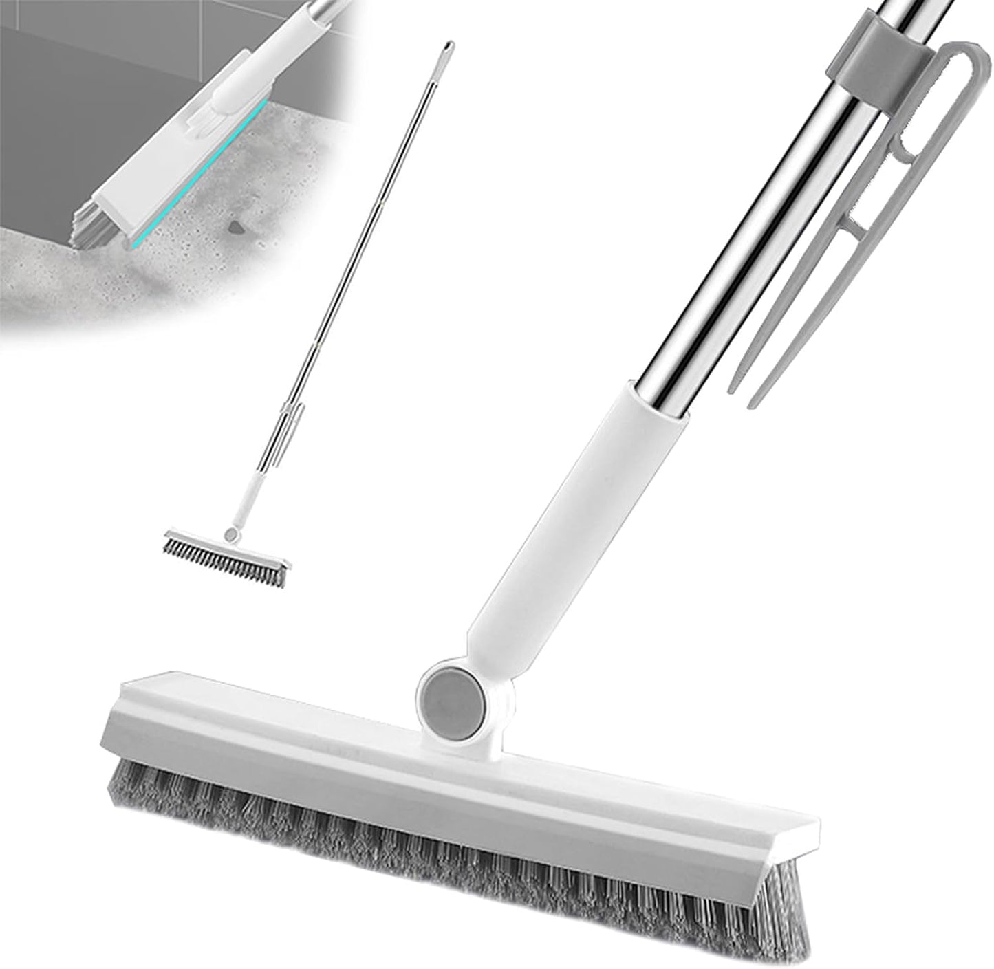 Floor Scrubbing Brush with 57" Adjustable Long Handle,3 in 1 Living Grout Brush with Squeegee,V-Shape Stiff Brush Bristle,Heavy Duty Bathroom Cleaning Brush for Tile,Deck,Patio,Wall,Garage,Kitchen,Blu