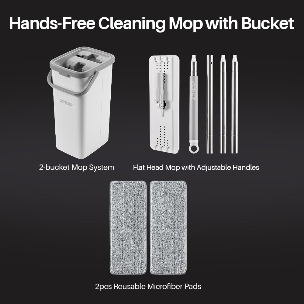 JOYMOOP Mop and Bucket with Wringer Set, Hands Free Flat Floor Mop and Bucket, 60" Mop with 3 Reusable Microfiber Pads, Wet and Dry Use, Floor Cleaning System