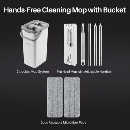 JOYMOOP Mop and Bucket with Wringer Set, Hands Free Flat Floor Mop and Bucket, 60" Mop with 3 Reusable Microfiber Pads, Wet and Dry Use, Floor Cleaning System