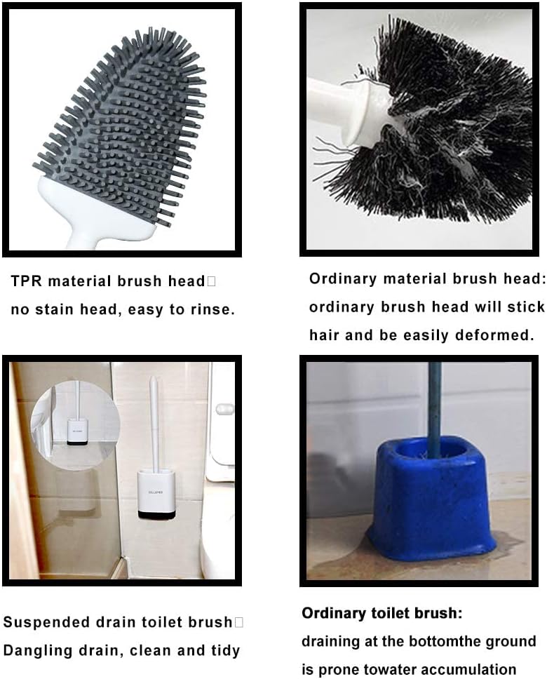 Sellemer Toilet Brush and Holder Set - Flexible Toilet Bowl Brush Head with Silicone Bristles, Compact Size for Storage and Organization, Ventilation Slots Base (1 Pack, Silver)