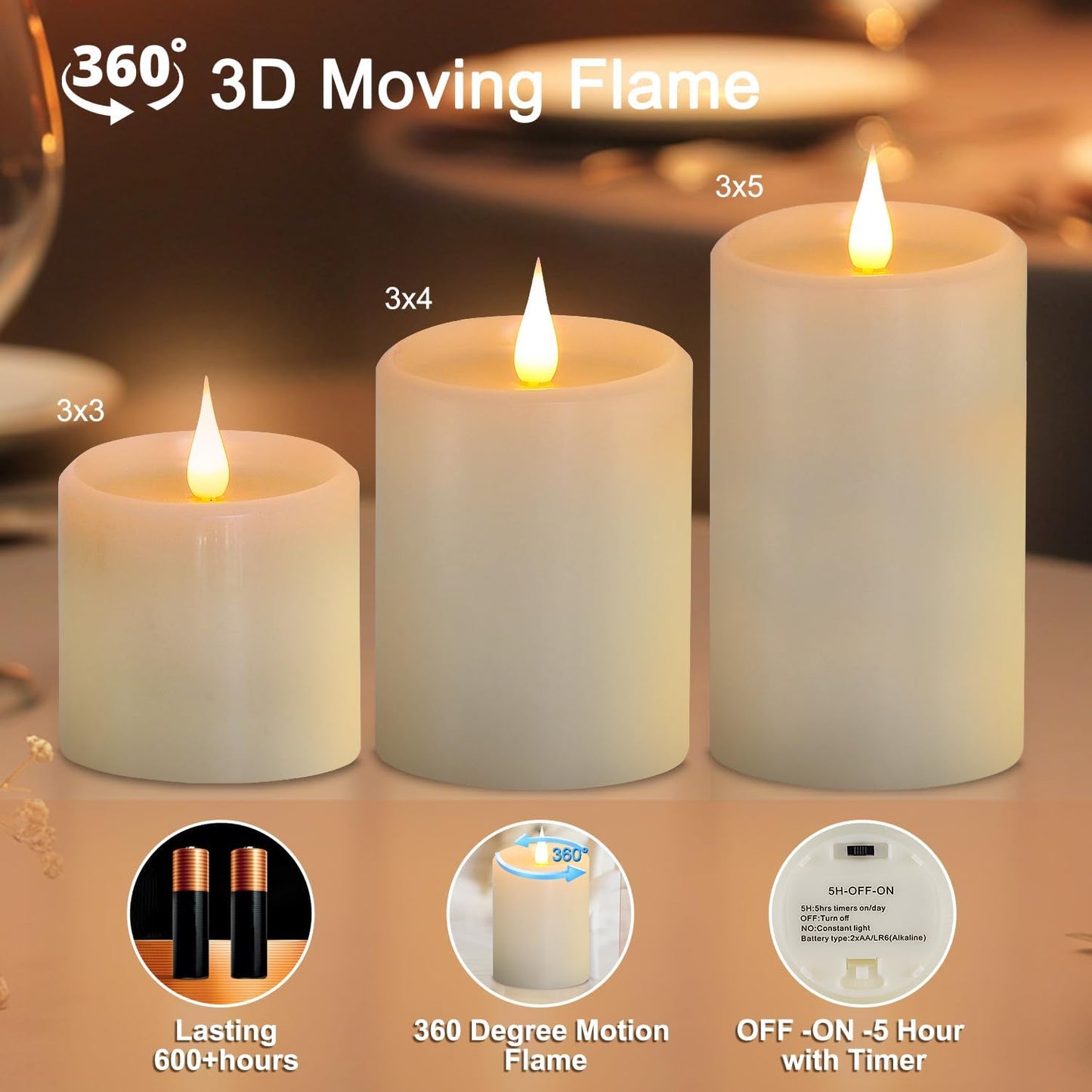 Flickering Flameless Candles with 3D Moving Flame, Real Wax Battery Operated Candles with Timer and Remote, Last 600+ Hours, 3" x 3" LED Fake Candles for Home Wedding Christmas Decor, 2 Pack