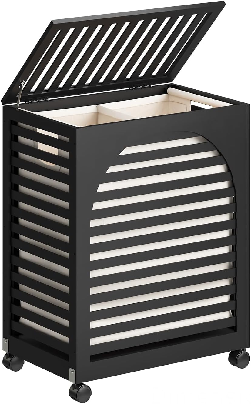 Black Laundry Hamper with Wheels, Laundry Basket with Lid, 22.5 Gallon (85L) Bamboo Wood Clothes Laundry Hamper 2 Section with Handles, Removable Liner