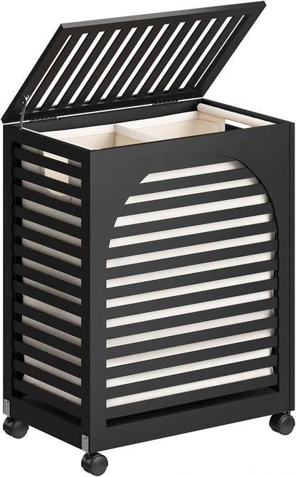 Black Laundry Hamper with Wheels, Laundry Basket with Lid, 22.5 Gallon (85L) Bamboo Wood Clothes Laundry Hamper 2 Section with Handles, Removable Liner