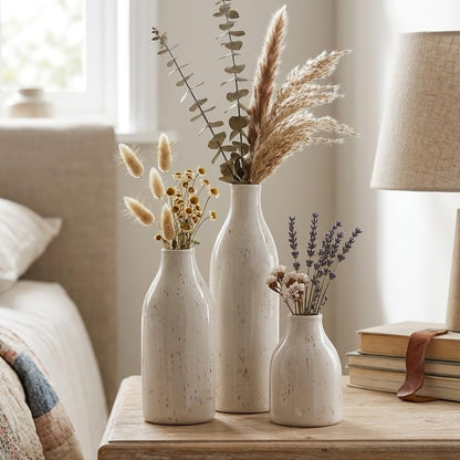 Ceramic Vase Set of 3, Small Flower Neutral Vases Home Decor, Pottery Rustic Farmhouse Decorative Vases, Modern Decor for Table Mantel Entryway Bookshelf Living Room Kitchen Bedroom