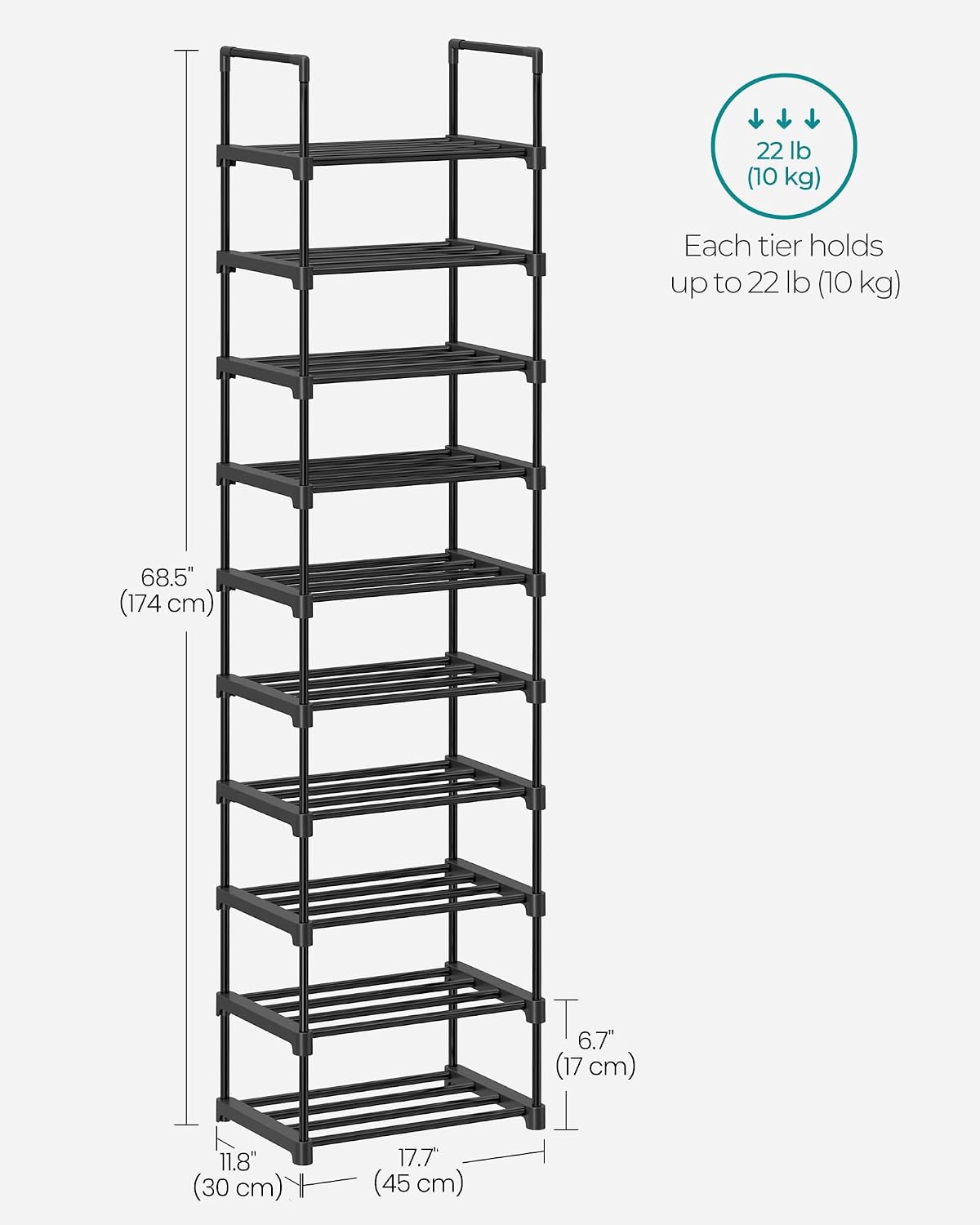 SONGMICS Shoe Rack, 6-Tier Shoe Organizer, Metal Storage Shelf, Upright or Upside Down, for 24-30 Pairs, Stackable, for Entryway, 11.8 x 36.2 x 42.7 Inches, Black ULSA306BH01