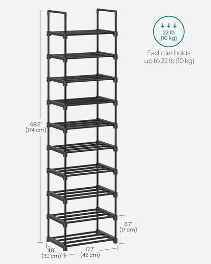 SONGMICS Shoe Rack, 6-Tier Shoe Organizer, Metal Storage Shelf, Upright or Upside Down, for 24-30 Pairs, Stackable, for Entryway, 11.8 x 36.2 x 42.7 Inches, Black ULSA306BH01