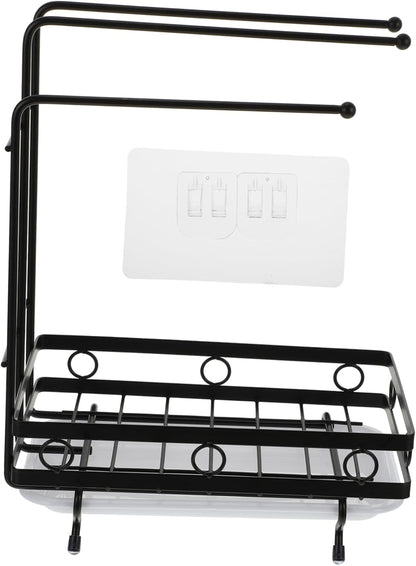 SOLUSTRE Dual-Purpose Wall-Mounted Sponge Rack Black 3-Rod Dishcloth Holder Kitchen Draining Rack for Sponge and Rags Space-Saving Design for Cleaning Supplies