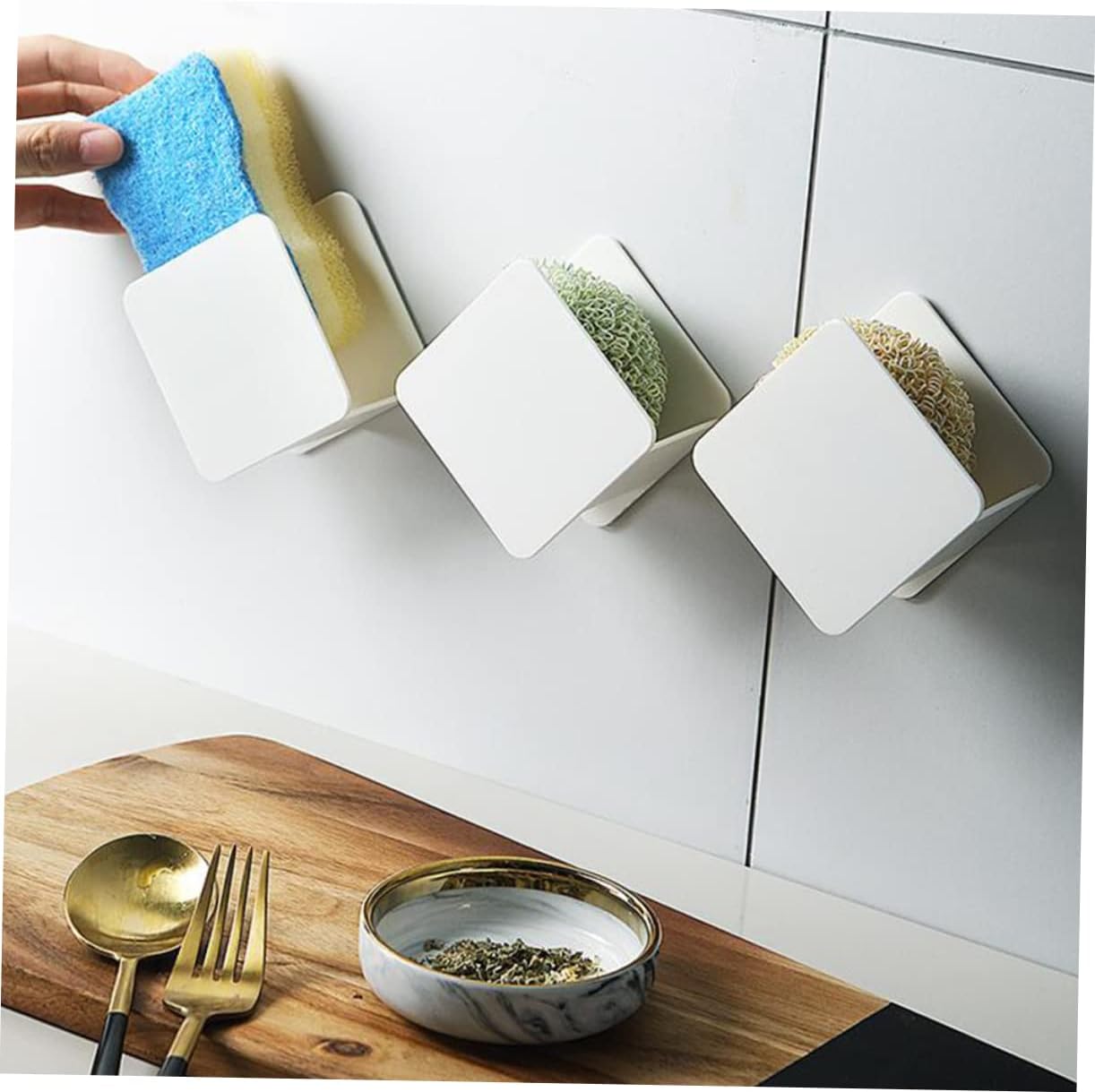 Amosfun 2 Pcs Sponge Holder Drain Rack Punch Wall Mounted Cleaning Cloth Storage Organizer for Kitchen Bathroom Quick Drying Hollow Design for Efficient Water Drainage