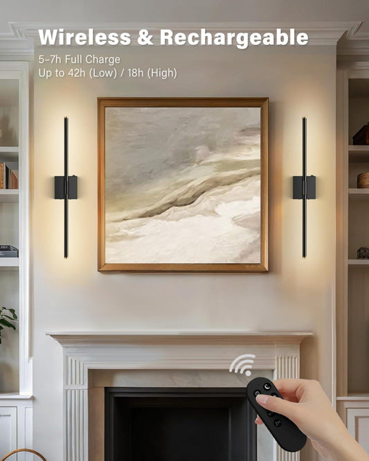 SAIMAND Wall Sconces Set of 2 Battery Operated, Wireless USB Rechargeable Wall Lights with Remote Control, 360° Rotation, 8000mAh LED Dimmable Picture Lamp for Living Room,Bedroom,Hallway (30in Black)