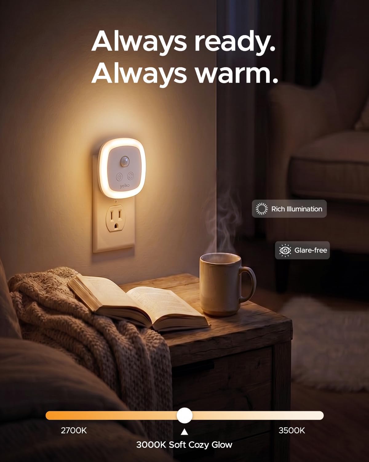 YELKO Motion Sensor Night Light - Plug-in Cool White Light Anti-Glare LED Nightlight, 5 Levels Adjustable Brightness, Timer Function for Bathroom, Hallway, Kitchen, Stairs, Garage, Soft Glow, 2-Pack