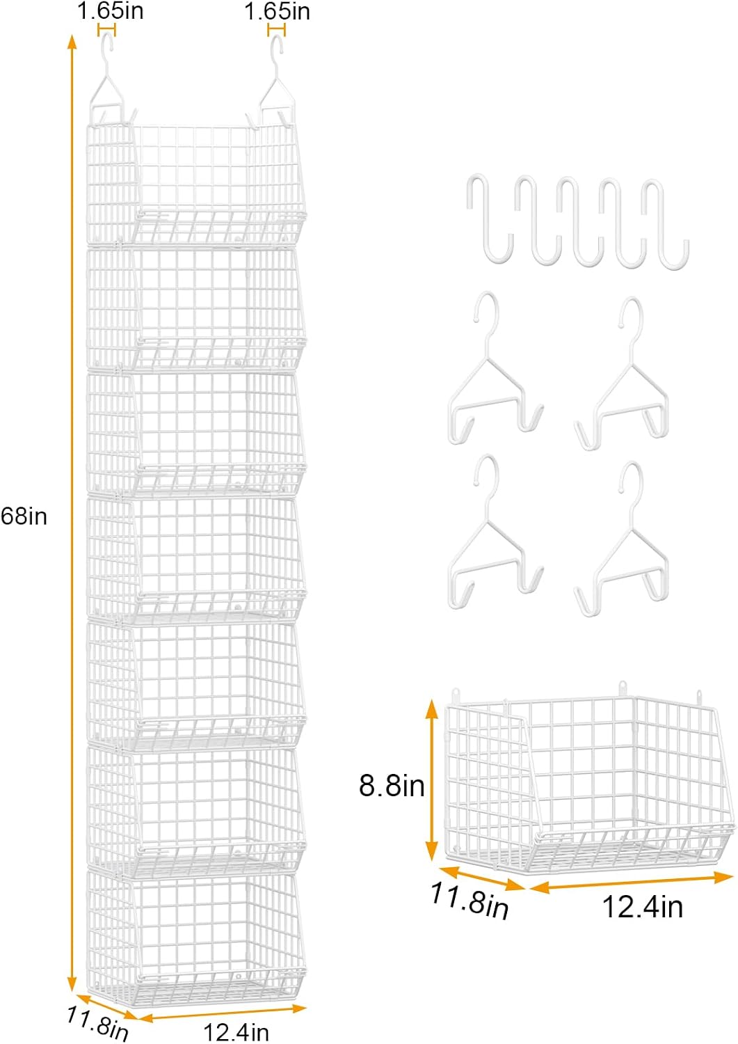 X-cosrack 3-Tier Hanging Closet Organizer, Laundry Room Organization | Space Saving Shelves with 1.65" Hook & 5 S-Hooks | Hanging Wire Baskets (12.4" W x 8.8" H x 10.24-11.8" D)