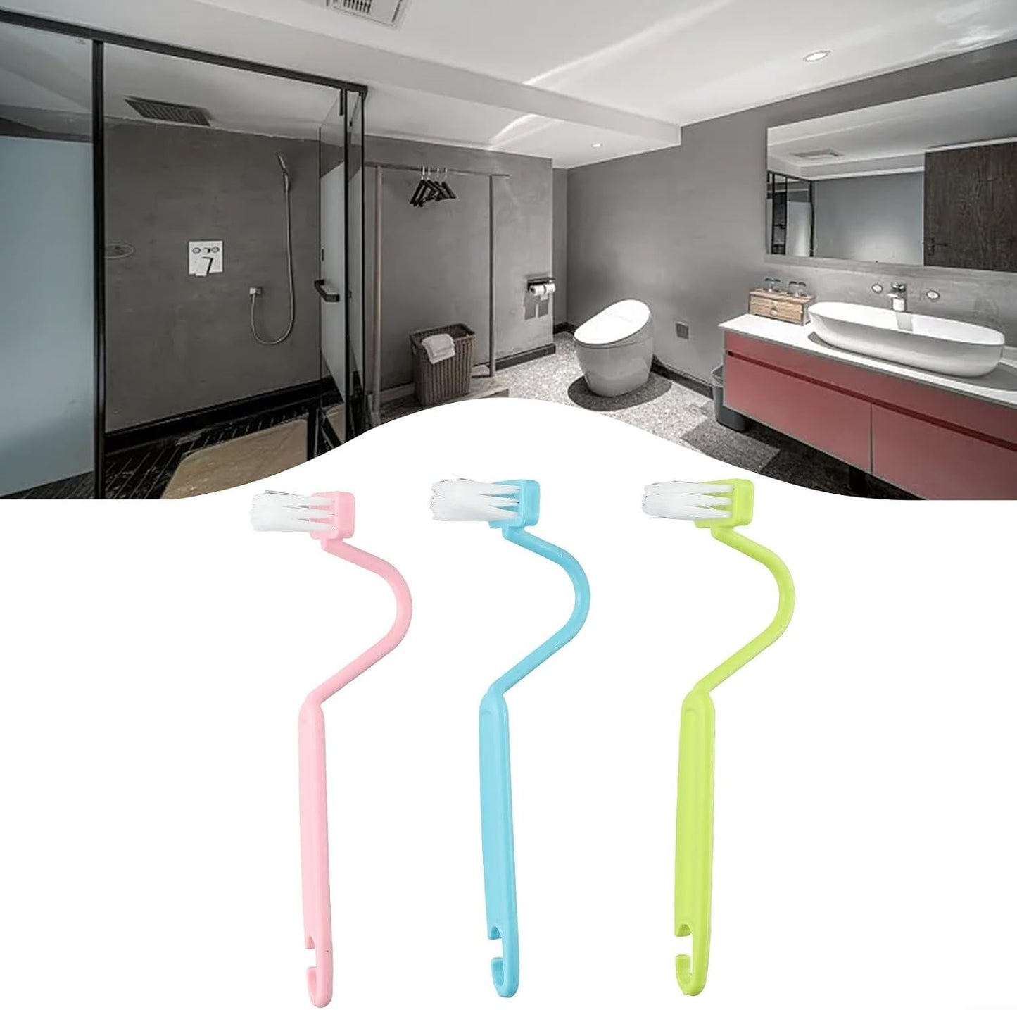 Plastic Toilet Under Rim Cleaning Brush Set with S-Type Curved Handle for Home, 3-Pack, Green/Pink/Blue, 20 x 3 cm