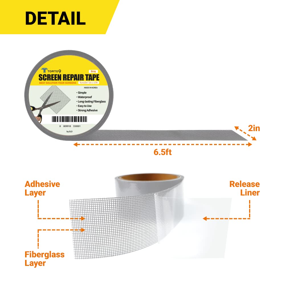 TORTO9 Window Screen Repair Kit, 3-Layer Strong Adhesive & Waterproof Tape Fiberglass Covering mesh (Black, 2 Inch x 6.5 FT)