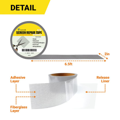 TORTO9 Window Screen Repair Kit, 3-Layer Strong Adhesive & Waterproof Tape Fiberglass Covering mesh (Black, 2 Inch x 6.5 FT)