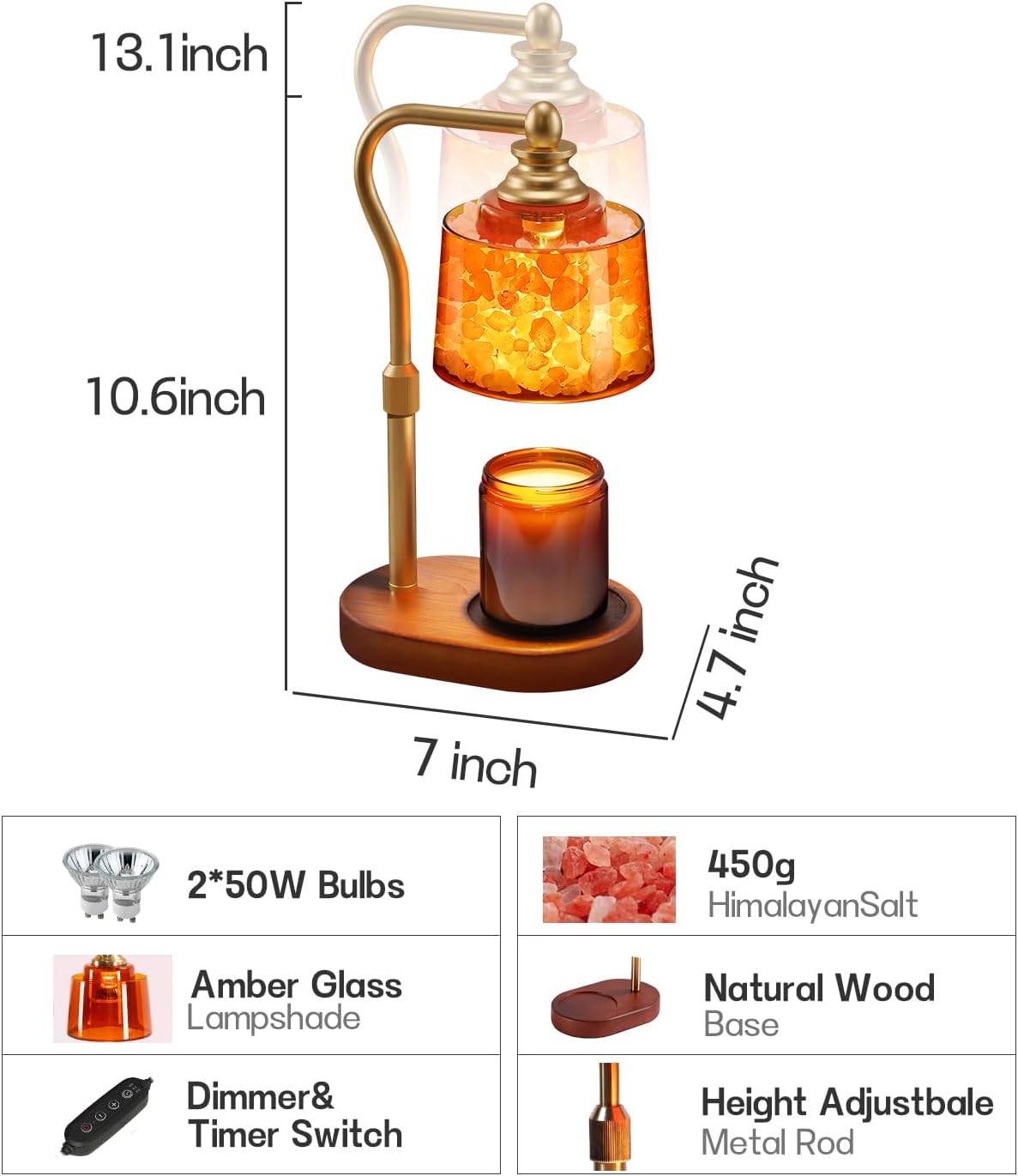 3-in-1 Candle Warmer Lamp with Timer Dimmable, Himalayan Salt Lamp & Passive Diffuser, Gifts for Women, House Warming Gifts, Wax Melt Warmer for Jar Candles (2 Bulbs)