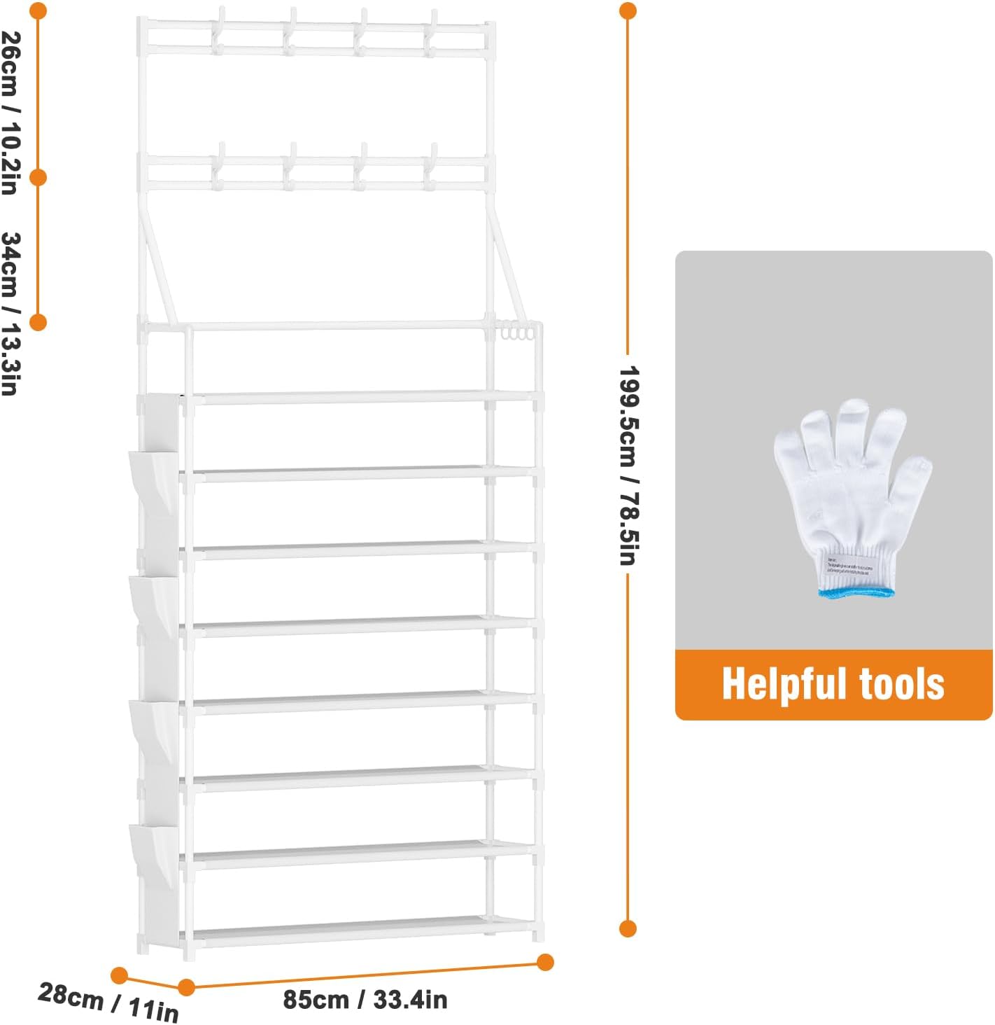 OYREL Shoe Rack, 5 Tier Shoes Storage Organizer, with Functional Hooks and Side Pocket, 20-25 Pairs, for Closet/Entrance/Entryway, Sneaker and Boot Stackable Free Standing Shoe Rack