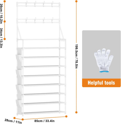OYREL Shoe Rack, 5 Tier Shoes Storage Organizer, with Functional Hooks and Side Pocket, 20-25 Pairs, for Closet/Entrance/Entryway, Sneaker and Boot Stackable Free Standing Shoe Rack