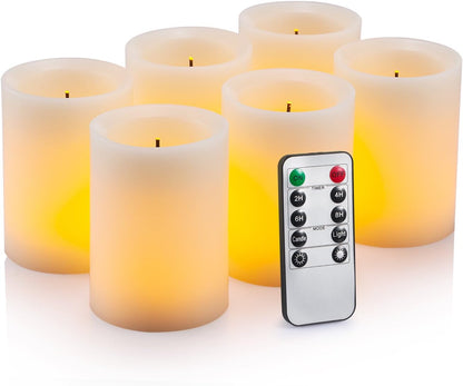 Enpornk Flameless Flickering LED Candles 3" X 4" with 10-Key Remote Control Timer Classic Pillar Optical Fiber Wick Real Wax Battery Operated Candles, Ivory Color, Set of 6