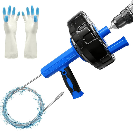 25FT Drain Snake, Auto Feed Retract Flexible Drain Auger for Drain Clogged, Manual or Drill Powered Plumbing Snake Hair Clog Remover for BathTub Sink Shower (Blue)