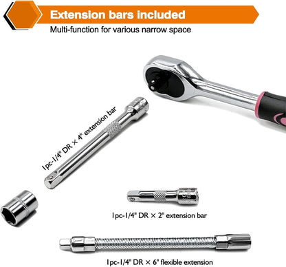Egofine 46 Pieces 1/4 inch Drive Socket Ratchet Wrench Set, with Bit Socket Set Metric and Extension Bar for Auto Repairing and Household, with Storage Case