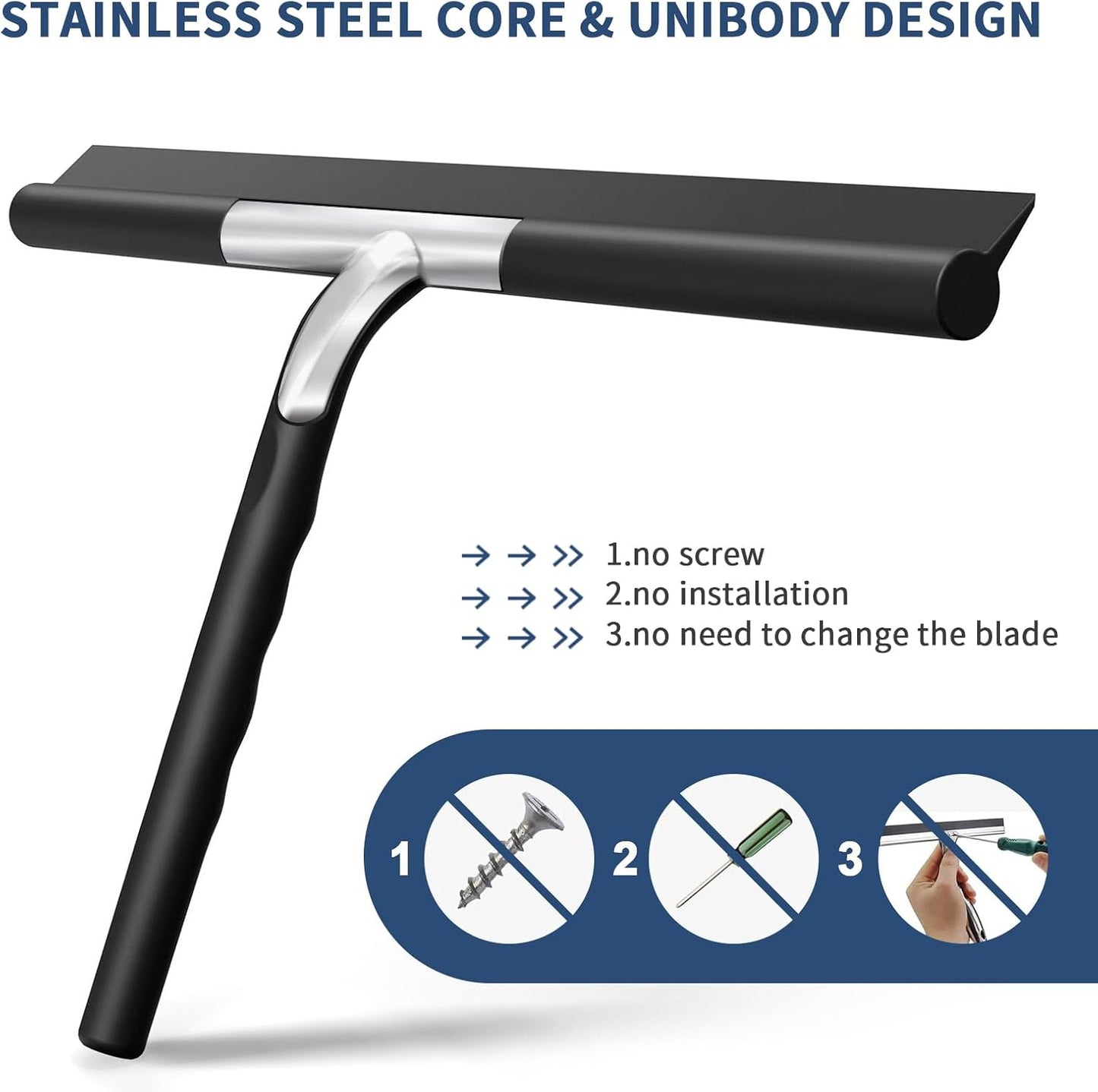 ecooe Silicone Shower Squeegee with Hanger, 13″/33cm Shower Glass Cleaner Wiper, Black Window Squeegee Scraper with Stainless Steel Core for Home Bathroom Kitchen Car Glass Doors