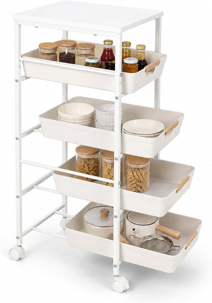 Garvee 5-Tier Slim Rolling Storage Cart, 12.6" Wooden Top Narrow Kitchen Carts on Wheels with Pull-Out Baskets, Mobile Shelving Unit Organizer for Kitchen, Bathroom, Laundry Room, Small Spaces