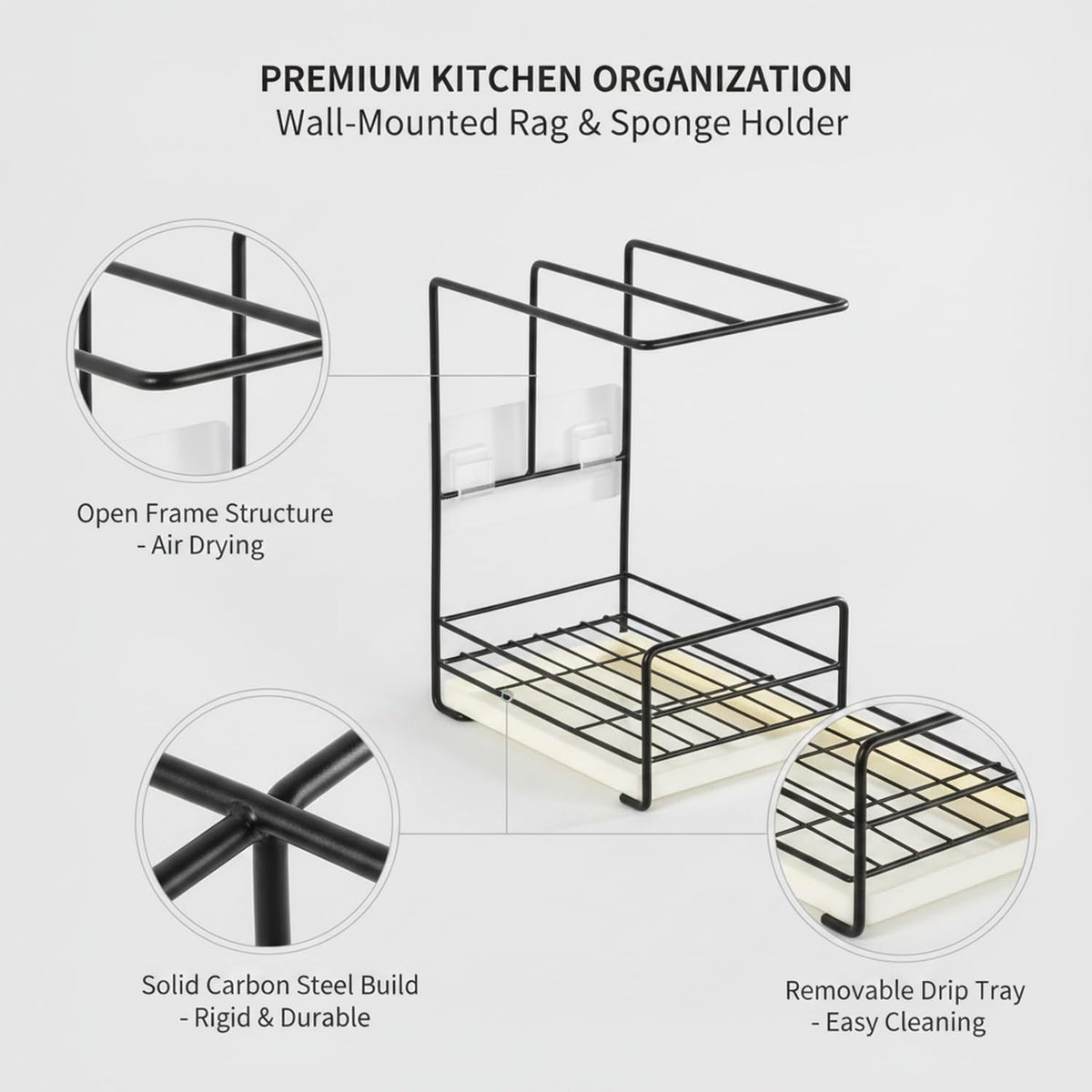 Wall-Mounted Rag Rack, Carbon Steel Sponge and Cloth Holder for Kitchen Sink Side Organization (1 PC)