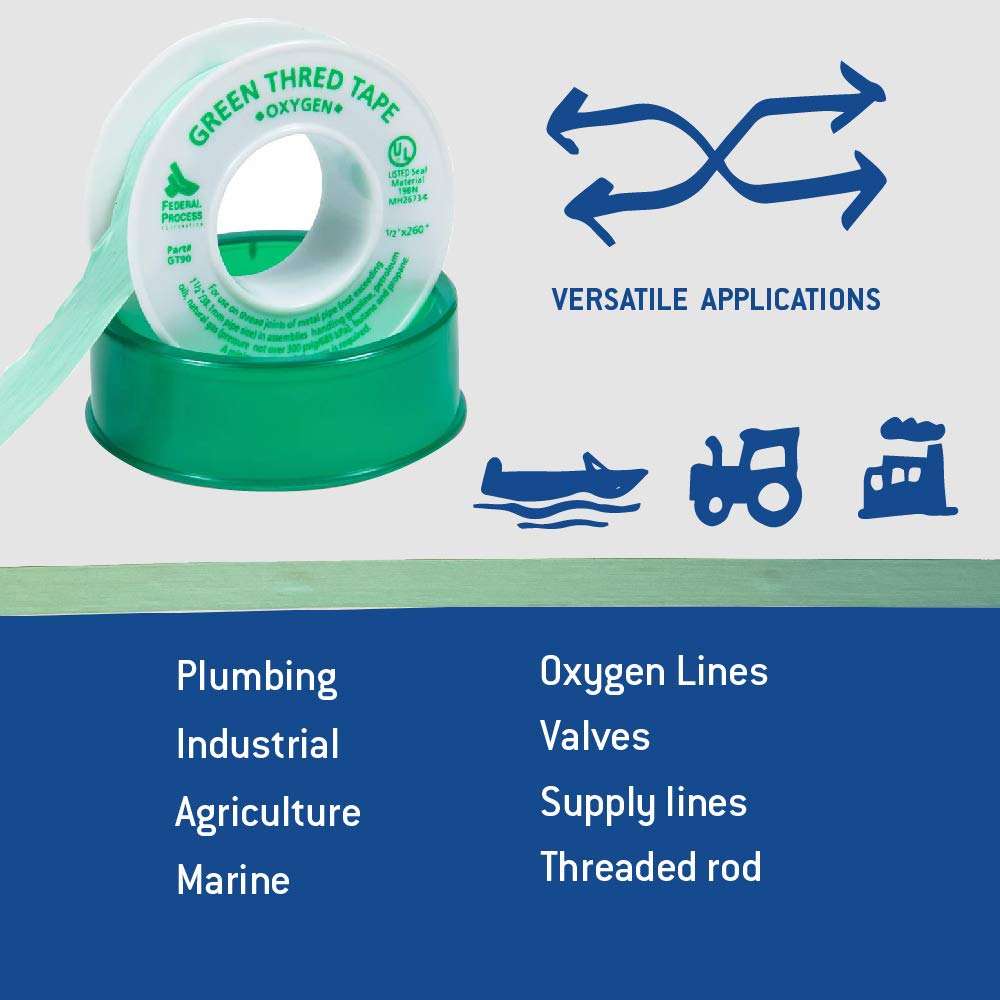 Gasoila Green PTFE Thread Seal Tape – Professional-Grade High-Density Thread Tape for Oxygen Lines – Leak-Proof Seal, Non-Toxic (1/2 Inch x 260 Inch Roll)