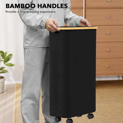 SpaceAid Double Laundry Hamper 2 Section with Lid and Removable Laundry Bags, 160L Clothes Basket with Bamboo Handles, Large Collapsible Hamper for Bedroom, Bathroom, Dorm, Laundry Room - White