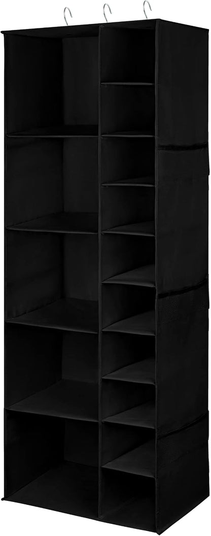 Libeder Shoe Organizer for Closet, 15 Shelf Hanging Closet Storage Shelves - 10 Shoe Rack Organizer and 5 Compartment for Clothes with 6 Side Mesh Pockets for Scarves Socks,Gloves, Grey