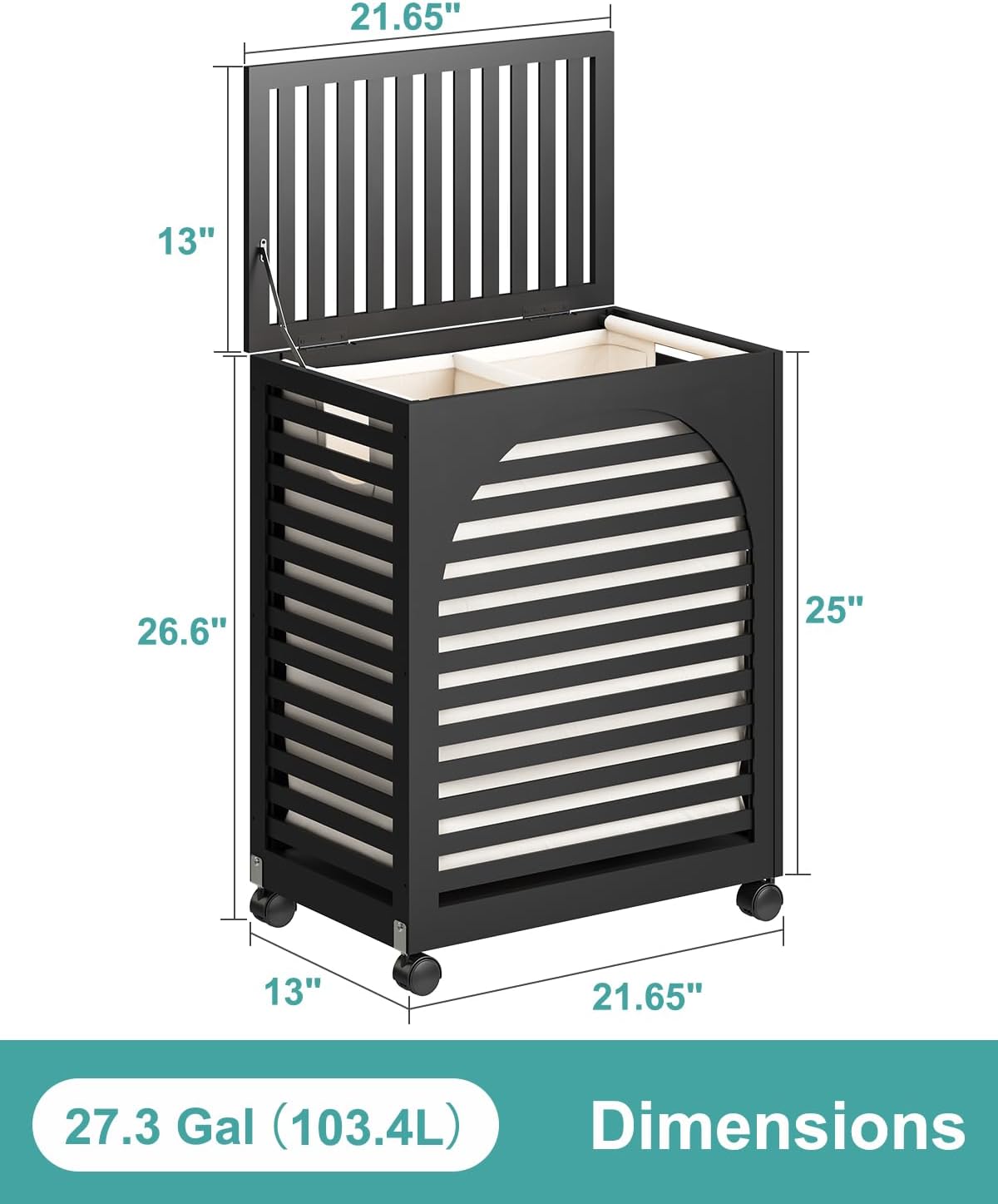 Black Laundry Hamper with Wheels, Laundry Basket with Lid, 22.5 Gallon (85L) Bamboo Wood Clothes Laundry Hamper 2 Section with Handles, Removable Liner