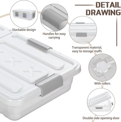 Beeveer 4 Pcs Plastic Under Bed Storage Container with Double Opening Lid Wheel Handle, Transparent Large Capacity Stackable Latching Festival Storage Bin for Closet Bedroom, 31.5x15.8x5.2 In(White)