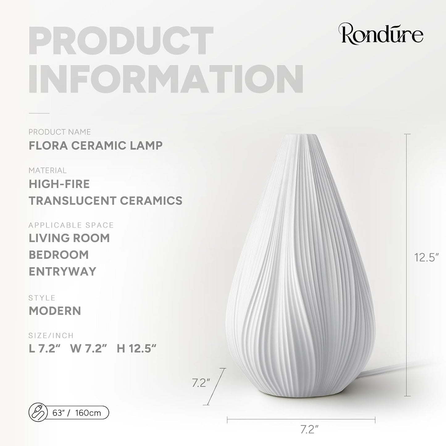 RONDURE Modern Ceramic Decorative Table Lamp Living Room Bedroom Bedside | Handcrafted Unique Warm Ambient Lighting Lamp, Accent White Translucent Ceramic shade, Fully Dimmable, Corded, Bulb Included