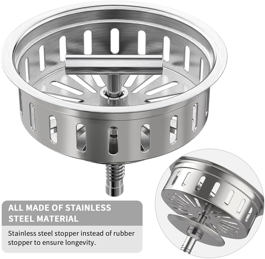 KONE 3-1/2 Inch Kitchen Sink Drain Strainer Assembly Made by All Stainless Steel with Strainer Basket/Drain Stopper, Replacement for Standard Commercial Drains