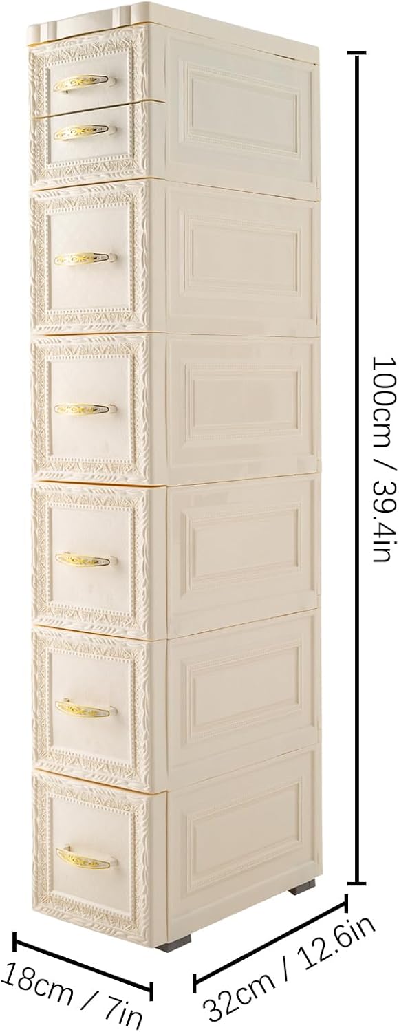 8 Drawers Narrow Storage Cabinet with Wheels,Slim Floor Cabinets,Rolling Organizer Cart for Small Spaces,Pink
