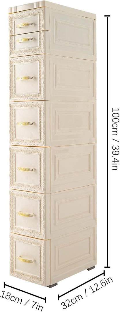 8 Drawers Narrow Storage Cabinet with Wheels,Slim Floor Cabinets,Rolling Organizer Cart for Small Spaces,Pink