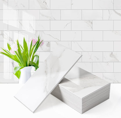 Vamos Tile 100-Piece Glossy Dolomite White Peel and Stick Backsplash Tile,3''x6'' PVC Subway Tile with White Grout, Stick on Backsplash for Kitchen/Bathroom/Fireplace